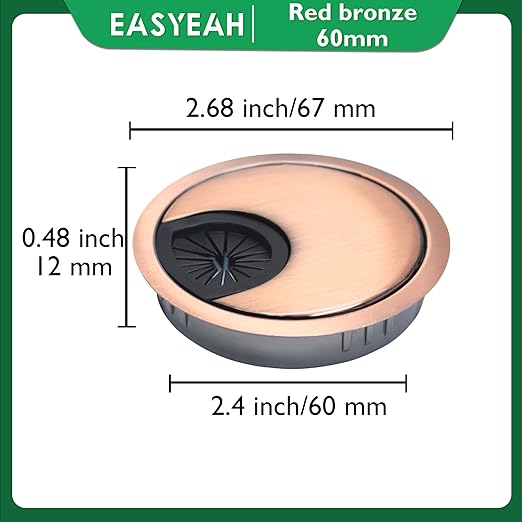 EASYEAH 1 Pcs Desk Grommet 2-3/8" / 60 mm, Desk Cord Hole Cover, Cable Grommet Metal Zinc Alloy Materilal, Desk Hole Grommet for Home & Office Pc, Detachable Cable Cord Organizer-Copper Red