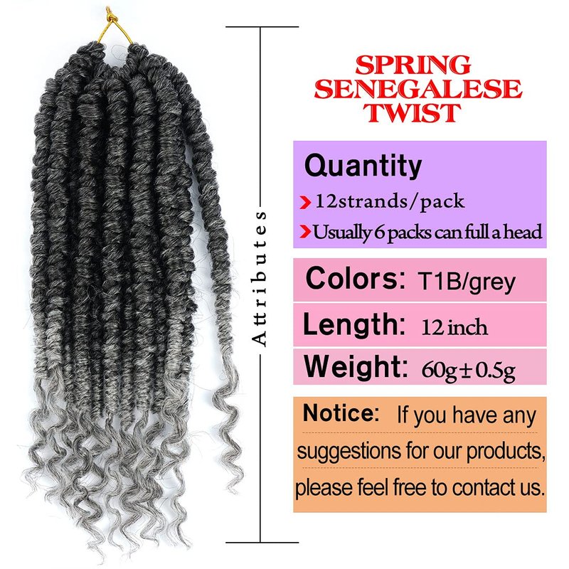 Senegalese Twist Crochet Braids - 12 Inch Synthetic Grey Hair Extensions for Black Women | 6 Packs T1B/Grey