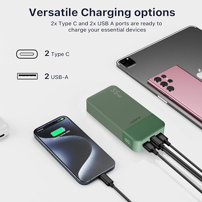 JUOVI J2651 Portable Charger, 35W 20000mAh USB C in & Out Power Bank, Battery Pack with QC4.0+PD3.0 35W High-Speed Charging for Bluetooth Earbud, Mobile Phone, Tablet (Green)