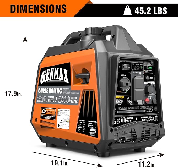 GENMAX Portable Generator, 2800W ultra-quiet gas engine,with CO Sensor and Parallel Capability, Ideal for camping outdoor Home backup power.EPA &CARB Compliant (GM2800iSAC)