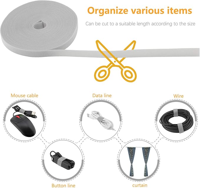 Saisn Reusable Fastening Tape Cable Ties 3/4 Inch Double Side Hook Roll (25 Yard, Grey)