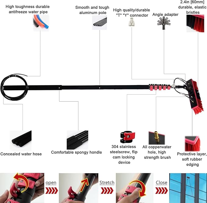 Water Fed Telescopic Brush, Water Spray Knife/Squeegee, Window Cleaner Kit, Extendable Solar Panel Washing Equipment Cleaning Conservatory Roof Extendable Cleaner Conservatory 5.4Rod Length