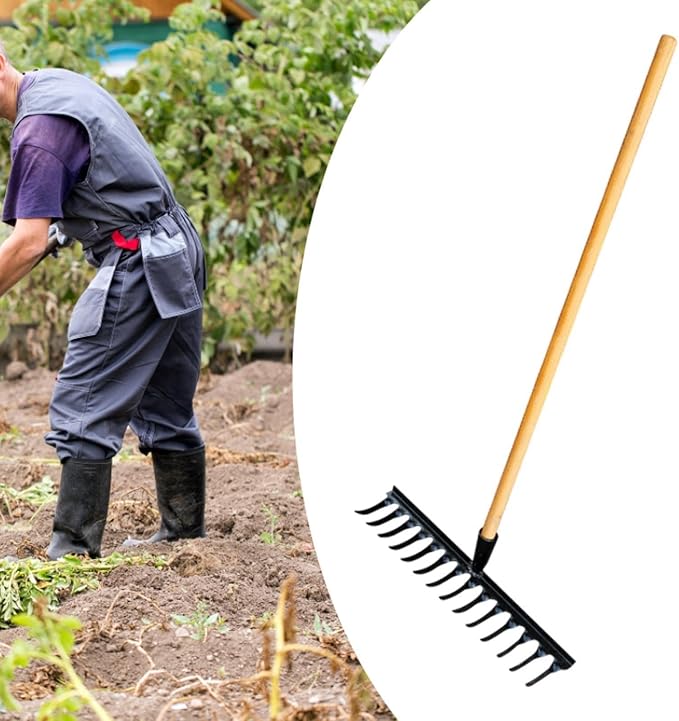Garden Tool for Soil Preparation Wooden Handle Rake for Flower Beds, 14 Teeth 48x12x10cm