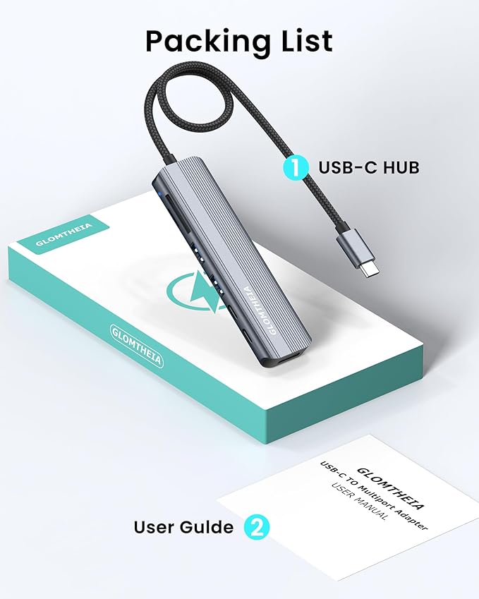 Glomtheia USB C Hub Multiport Adapter for Laptop MacBook Air/Pro, Multiple Ports Dongle Dock with 4K HDMI, 100W PD, 2xUSB-A 3.0, USB-C Data Port, SD/TF Card Reader