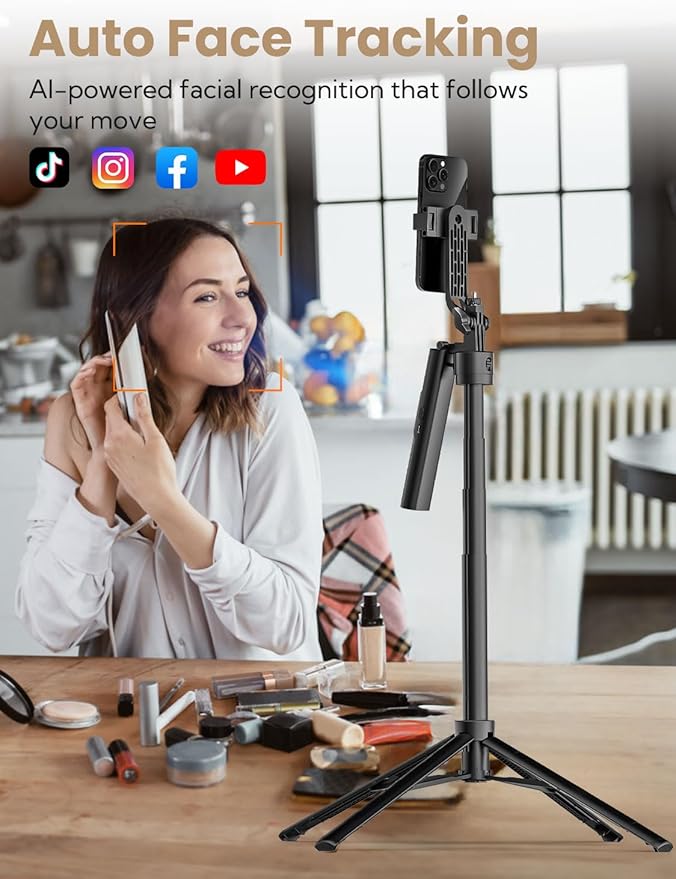 USKEYVISION Auto Face Tracking Tripod for iPhone 360°Rotation,Selfie Stick for Android w/Remote&Ground Spike,68” Phone Tripod Stand that Follows Your Movement for Video Recording,Vlogging(R01)
