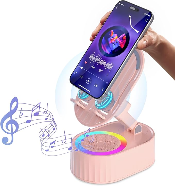 AKLLCCR Wireless Induction Audio Bluetooth Speaker 5in1 Phone Holder Emergency Rechargeable (3000mAh) with Colorful Ambient Light 300° Foldable for Tablet iPhone Android, Womens Birthday Gifts(Pink)