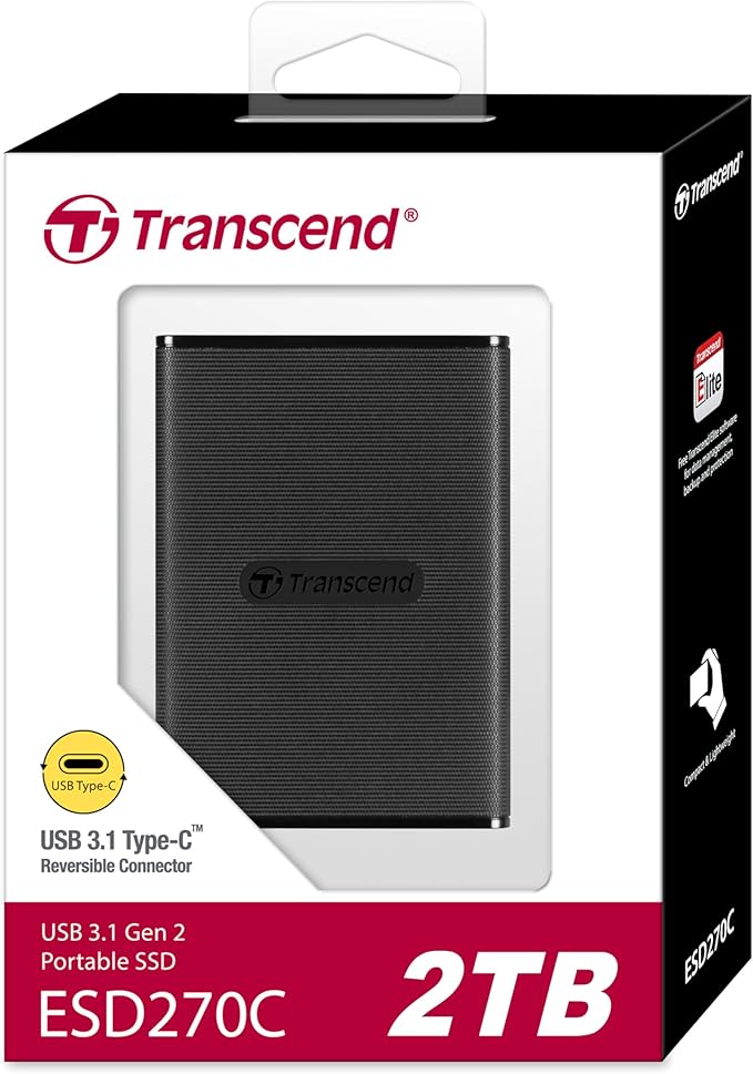 Transcend ESD270 2TB External SSD for iPhone16/15/iPad/Mac/Windows/Android, PC/Laptop/Tablet/TV/Game Console, Portable SSD with One Touch Back up, One-Time Password Unlock, Type A &Type C Cables