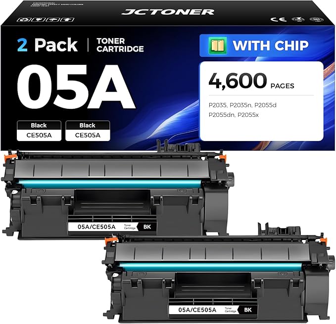 JCTONER 05A Black Toner Cartridge 2-Pack with chip High Yield Replacement for 05A CE505A 05X CE505X Toner Compatible Works with Printer
