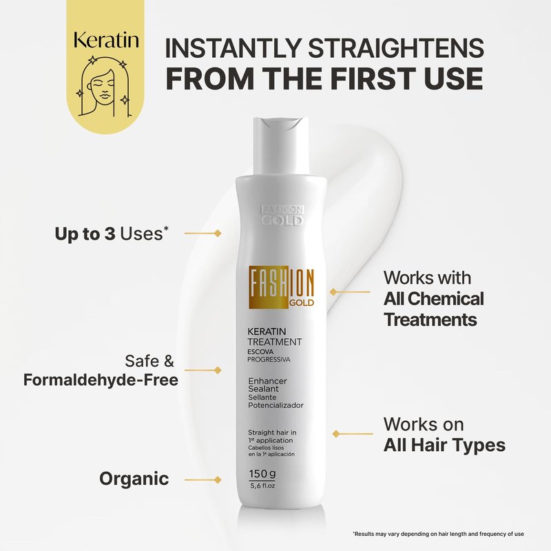 Fashion Gold Keratin Hair Treatment (Up to 3 USES per Bottle), Hair Botox Treatment, At Home Keratin Treatment, Keratina para Alisar el Pelo, Alisado Brasileño, Alisados organicos SIN FORMOL, 150g
