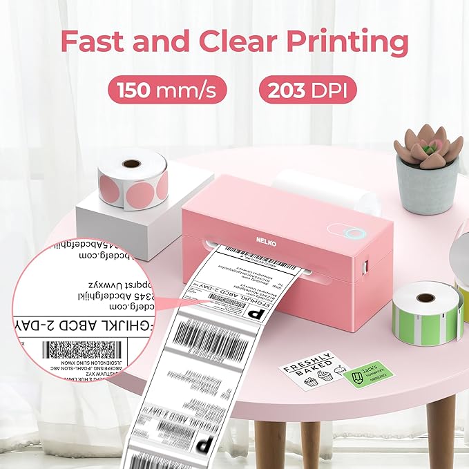 Nelko Bluetooth Thermal Shipping Label Printer, Wireless 4x6 Shipping Label Printer for Shipping Packages, Support Android, iPhone and Windows, Widely Used for Amazon, Shopify (Pink)