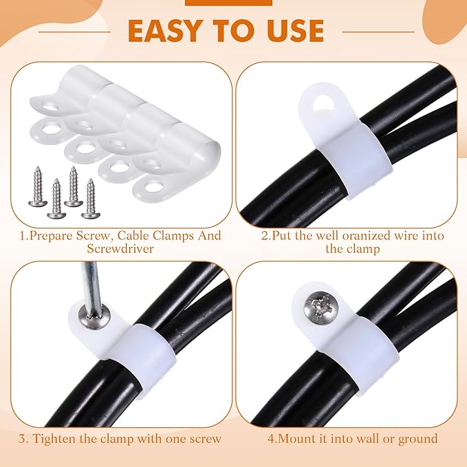 Hicarer 50 Pack R-Type Cable Clip Wire Clamp, Nylon Screw Mounting Cord Fastener Clips with 50 Pack Screws for Wire Management (White,3/8Inch)