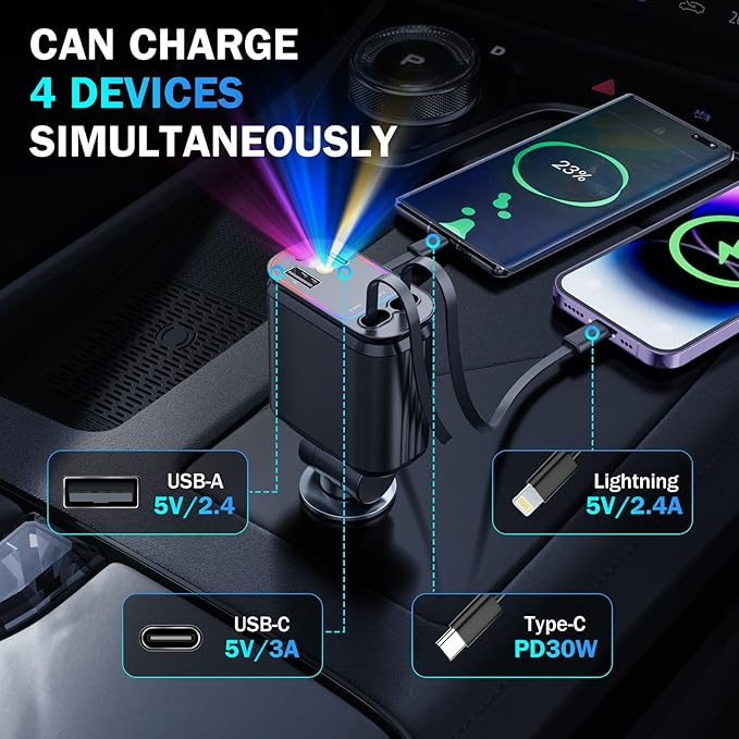 4 in 1 Retractable Car Chargers with Starlight, 66W USB C Fast Car Charger Adapter with 2 USB Ports for All iPhone 15/14/13/12/11 and for All Android (Black - RedLight)