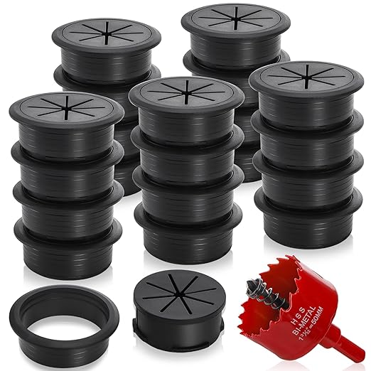 Covzoe 20 Pack Desk Grommets 2 Inch(50mm), Desk Cable Hole Cover with Hole Saw, Plastic Wire Cord Cable Management Through the Countertop for Home Office, Black