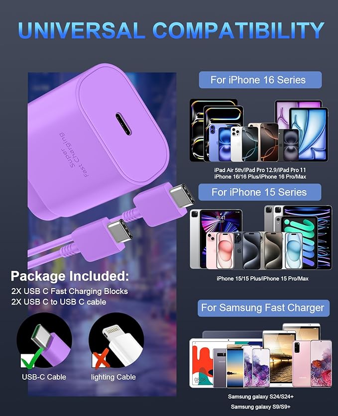 Phone 17 16 15 Charger Fast Charging,30W USB C Phone 17 16 15 Pro Max Charger Block &6.6FT Long Type C Cable Cord for i.Phone 17/Air/17 Pro/17 Pro Max/16/16 Plus/16Pro/16 Pro Max/15/15 Pro Max,Purple