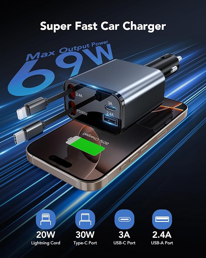 2026 Updated 85W Retractable Car Charger, 4-in-1 Fast Car Phone Charger with 2.6ft Two Retractable Cables and USB C+USB A Car Charging Block Cube, Compatible with iPhone 13 14 15 16 17 Pro Max, Plus