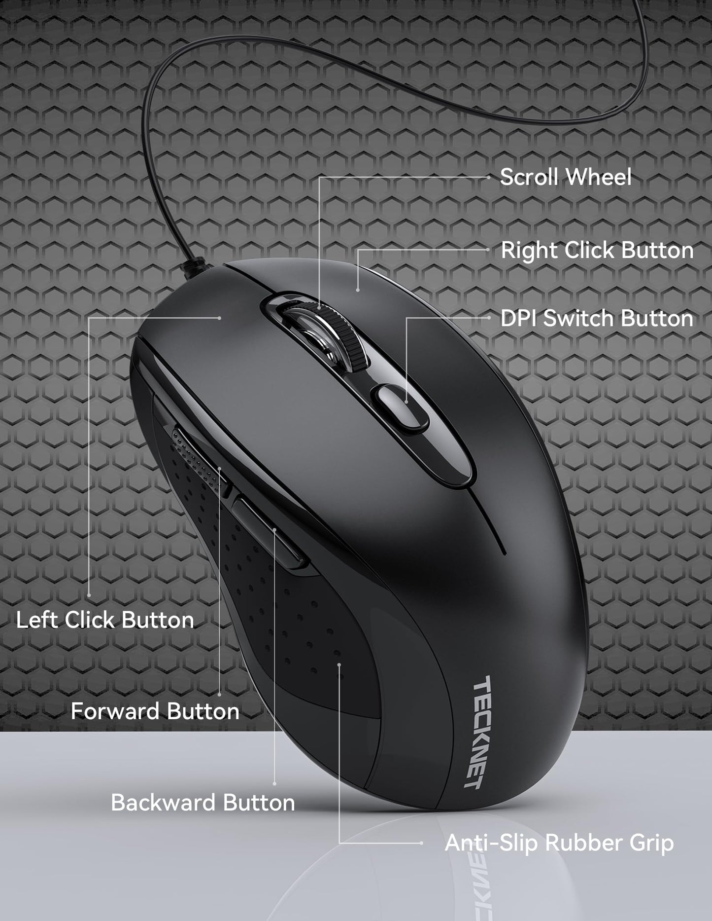 TECKNET Wired Mouse, USB Wired Computer Mice, 3600DPI 4 Adjustable Levels, 6-Button Ergonomic Mouse for Laptop PC Desktop Notebook - Black