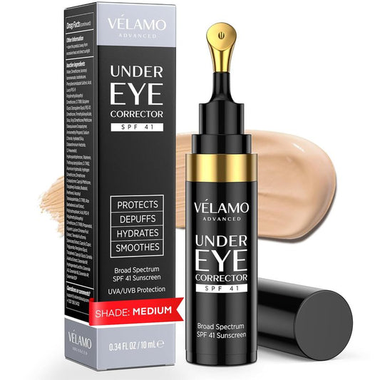 VELAMO ADVANCED Luminous Eye Corrector SPF 41: Under Eye Color Corrector for Dark Circles, Fine Lines & Puffiness - Hydrating Anti Aging Eye Cream with Ceramides Complex - Medium, 0.34 FL OZ/10mL
