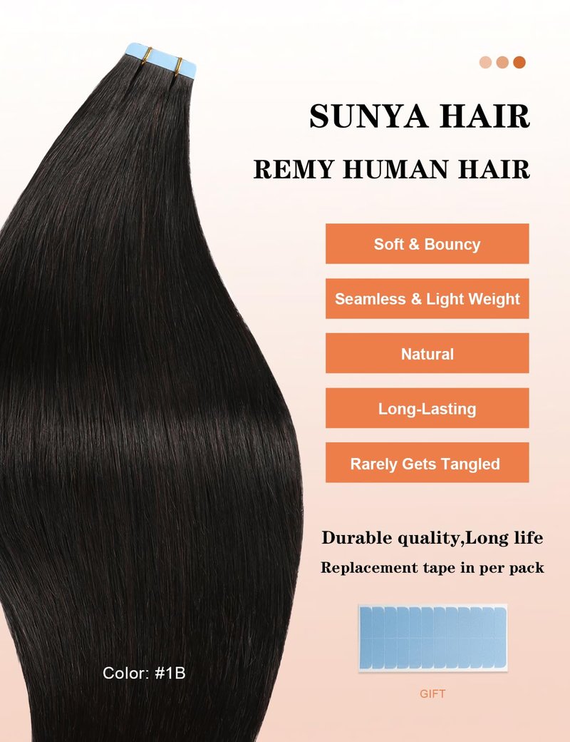 Sunya Tape in Hair Extensions Human Hair 16 Inch Straight Remy Human Hair Tape in Extensions Seamless Skin Weft Natural Black Tape in Hair Extensions #1B 40g 20Pcs/Pack