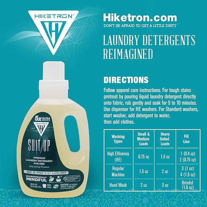Hiketron Suit Up Liquid Laundry Detergent, 5x Ultra Concentrated, Tough Stains Remover, Long Lasting Masculine Scent (40 Fl Oz, Pack of 1)