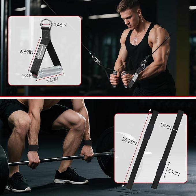 FitBeast Aluminum Alloy Exercise Handles & Lifting Straps Set - Gym Handles for Cables Machine with Thick D Buckle, Stable Grip, Ideal for Home Gyms, Fitness Centers, Strength Training for Men (Black)
