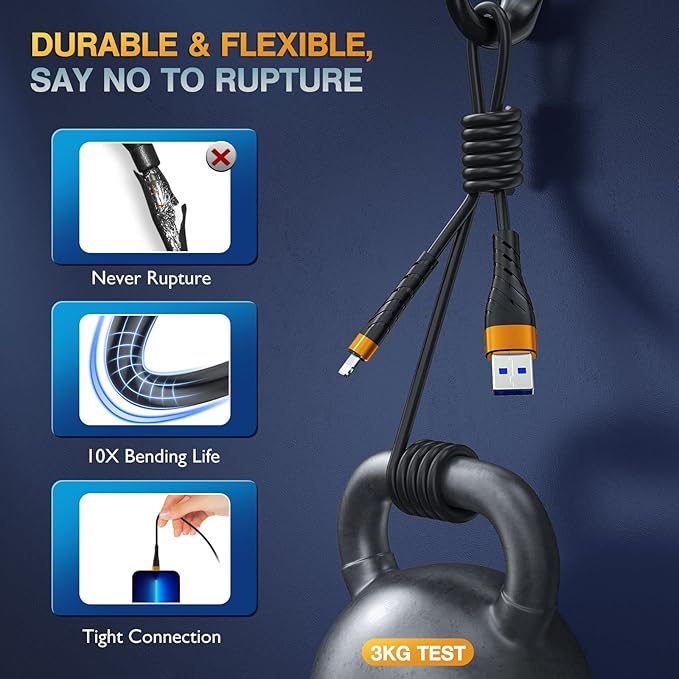 OIITH MFi Certified for iPhone Charger Cable 3 Pack 10 Ft, Extra Long for Lightning Charging Cord, Fast 2.4A for iPhone USB Cord Compatible with iPhone12/11/XS/Max/XR/X/8/8P/7P/6/iPad - Orange