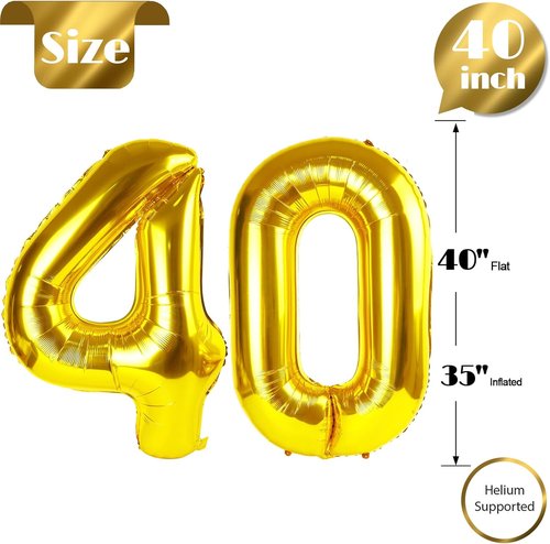 Gold Number 40 Balloon - 40-Inch Golden Birthday Decoration for 40th Party Celebrations