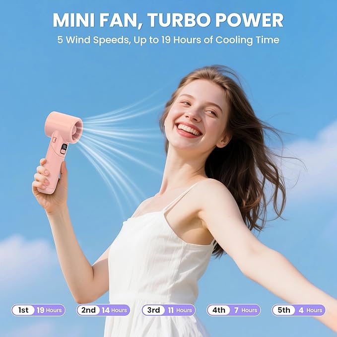 KITWLEMEN AMACOOL Portable Handheld Turbo Fan丨5 Speed Foldable Hand Fans丨Max 20 Hours Runtime丨Rechargeable Mini Pocket Cooling Fan for Travel, Outdoor Activities, Gifts for Women