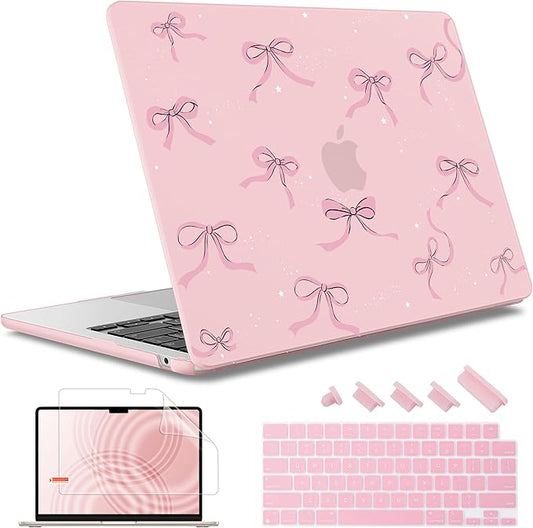 May Chen Case for MacBook Air 13/13.6 inch M5 A3449 M4 A3240 M3 A3113 M2 A2681, 2026 2025 2024-2022, Plastic Hard Shell with Keyboard Cover & Screec Protector, Chalk Pink Bow