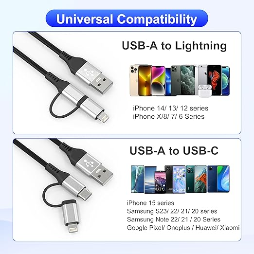 USB to USB-C and Lightning Cable 2 in 1 Coiled Cable Support Carplay & Android Auto [MFi & 3A Fast Charge & Data Sync] Coiled Lightning and USB C Cable for iPhone 17/16/15/14/13/Android, Silver