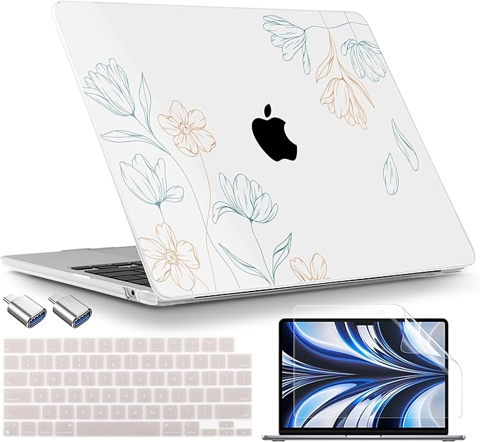 TWOLSKOO Compatible with MacBook Air 13 inch Case M5 2026 M4 2025 M3 M2 2024-2022 A3449 A3240 A3113 A2681, Plastic Hard Shell & Keyboard Cover for MacBook Air 13.6 inch Case, Engraved Floral