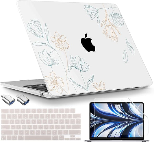 TWOLSKOO Compatible with MacBook Air 13 inch Case M5 2026 M4 2025 M3 M2 2024-2022 A3449 A3240 A3113 A2681, Plastic Hard Shell & Keyboard Cover for MacBook Air 13.6 inch Case, Engraved Floral