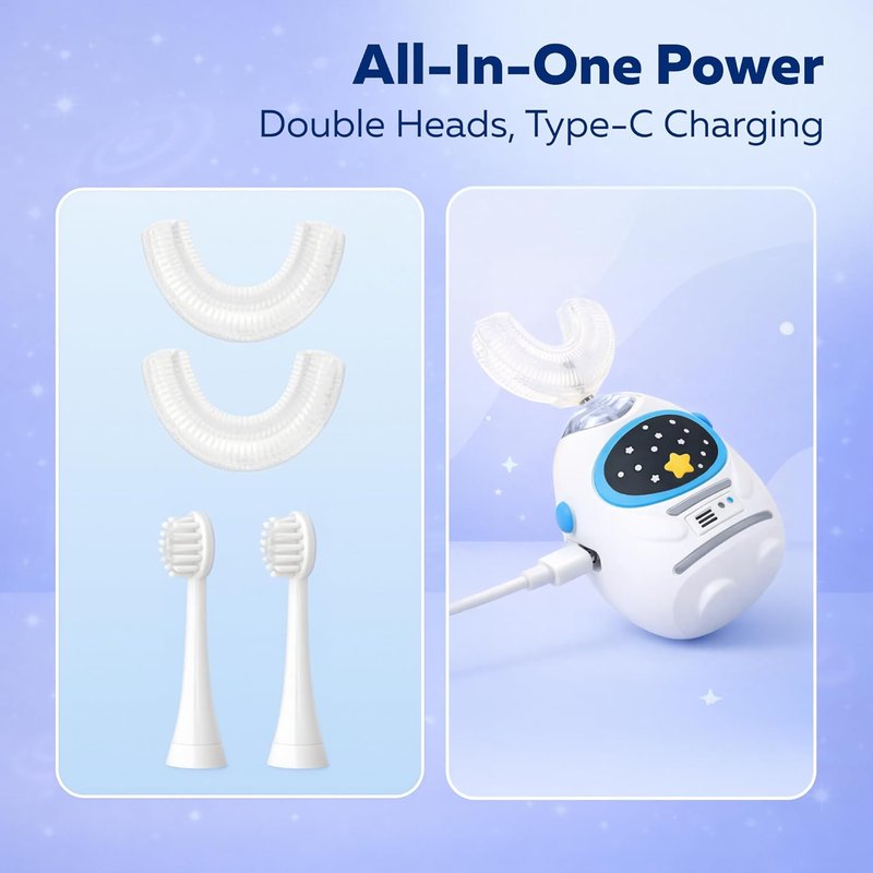 Kids U Shaped Electric Toothbrush - Music & Voice Guided, 4 Brush Heads, Rechargeable | Ages 3-7, Heroic White