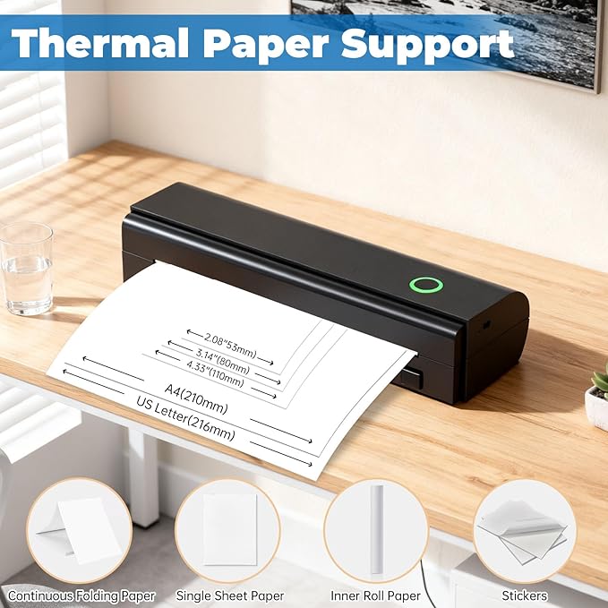 Anycash Portable Printer Wireless for Travel, Inkless Printers Mobile Thermal Printer for 8.5" X 11" & A4 Thermal Paper, Bluetooth Compact Impresora Portátil for Phone, Laptop, Office Home use