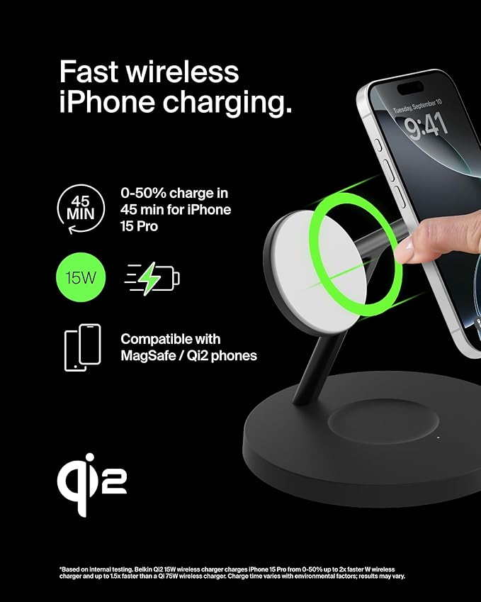 Belkin MagSafe-Compatible iPhone Charger, 3-in-1 Wireless Charging Station, Qi2-Certified 15W Wireless Charge for Apple iPhone 17 Series, Apple Watch, AirPods w/Non-Slip Base, 40W Included - Black