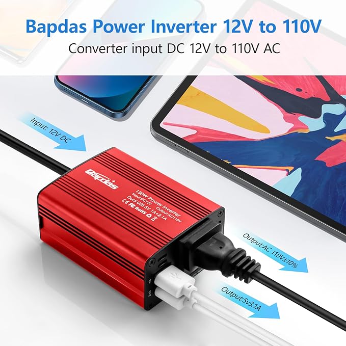 Bapdas 150W Power Inverter 12v to 110v Car Adapter Outlet to Wall Plug with 3.1A Dual USB