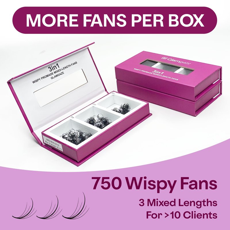 GLAMGAZE 750 Wispy Promade Fans - 5D 7D 9D, C D CC Curl 0.05-0.07mm Thickness Mixed Length - Handmade Wispy Eyelash Extensions Loose Premade Lash Fans Soft Spikes Volume Lash (9D-0.05-CC, 11/12/13)