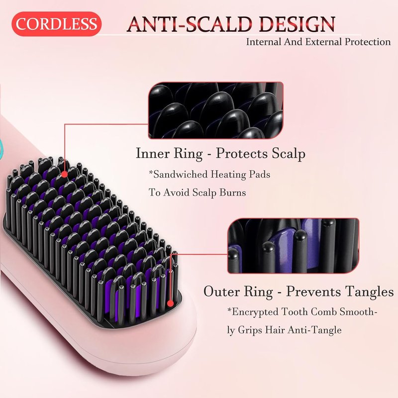 Cordless Hair Straightener Brush - Portable Styling Comb with 9600mAh Battery | 9 Temp Settings, Anti-Scald, Travel-Friendly