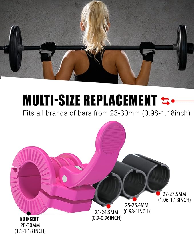 ZY-HUAN Barbell Clips 1 inch Barbell Clamps 0.9-1.18inch Quick Release Weight Clips for Bars Multi-Size Adjustable Olympic Barbell Clamps (Pink 0.9-1.18inch)