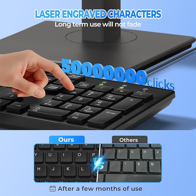 MIKUSO Laser Keyboard with Cover, Wired Keyboard 104 Keys Full Size, Laser Etched Non Fading Keycaps, Easy Clean Computer Keyboard with Number Pad for Office Desktop PC, 1.6m USB Cable- Black
