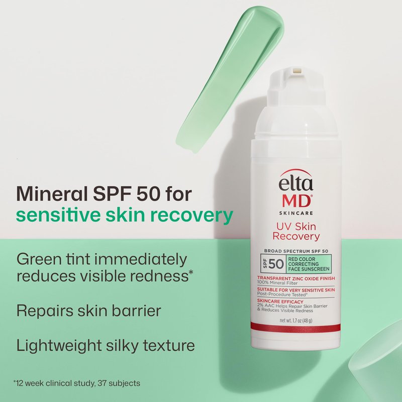 EltaMD UV Skin Recovery Green Tint 100% Mineral Sunscreen, SPF 50, Redness Correcting Face Sunscreen, Safe for Sensitive Skin, 1.7oz