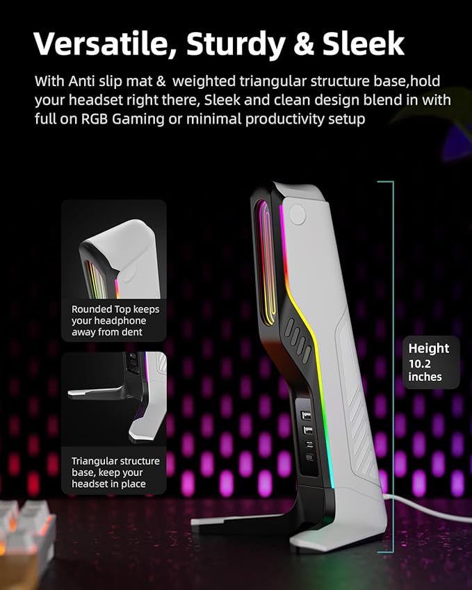 IFYOO RGB Gaming Headset Stand with 2 USB and 1 Type-C Ports, Game Headphone Mount for PC Computer, Xbox One, Xbox Series S/X, PS5, PS4, Earphone Holder Hanger, Desk Gamer Accessories, Black&White