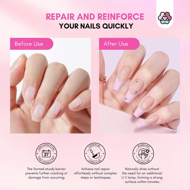 SAVILAND 60g Nail Repair Kit for Split Damaged Nails: 3 Mins Air Dry Quick & Easy Instant Broken Nail Repair Natural Clear & Pink Dip Powder with 21ml Nail Glue Emergency Home & Salon Use