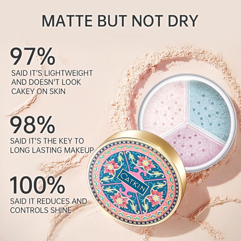 CATKIN Loose Setting Powder - Translucent Shimmer Finishing Powder, 3 Colors Even Skin Tone, Oil Control Makeup Pore Minimizing Powder with Velour Puff (0.42oz, C03 Shimmer for Dry Skin)