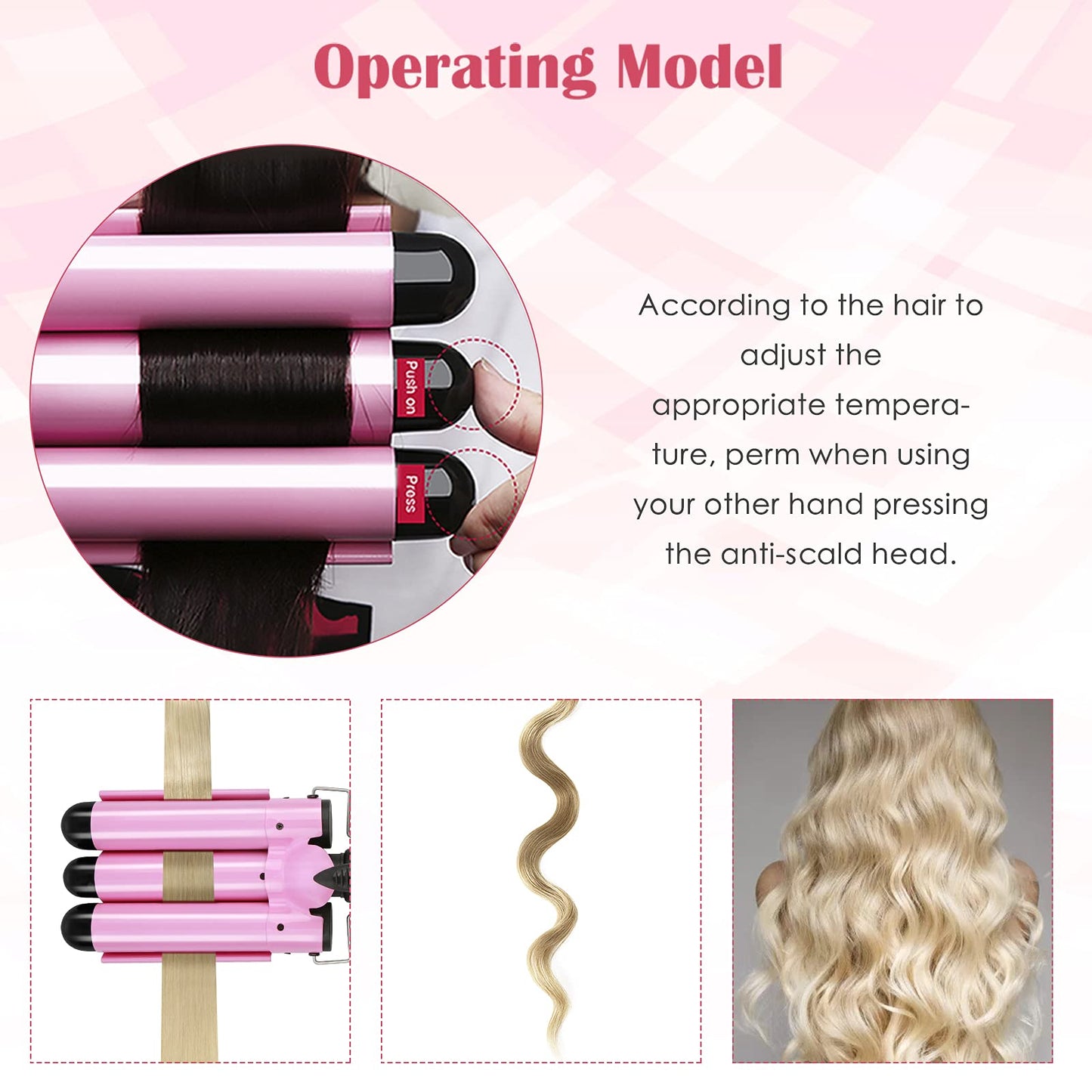 SOMOYA 3 Barrel Curling Iron, 1 Inch Hair Waver with LCD Display, Temperature Adjustable Ceramic Beach Hair Waver Wand for Women (1.26Inch, Pink)