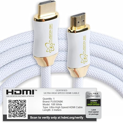 Fusion8K White HDMI 2.1 Cable 10 Feet - Certified 48Gbps 8K@60Hz 4K@120Hz 10K | HDR Dolby Vision eARC | Braided Cord for PS5 Xbox Series X Apple TV 4K