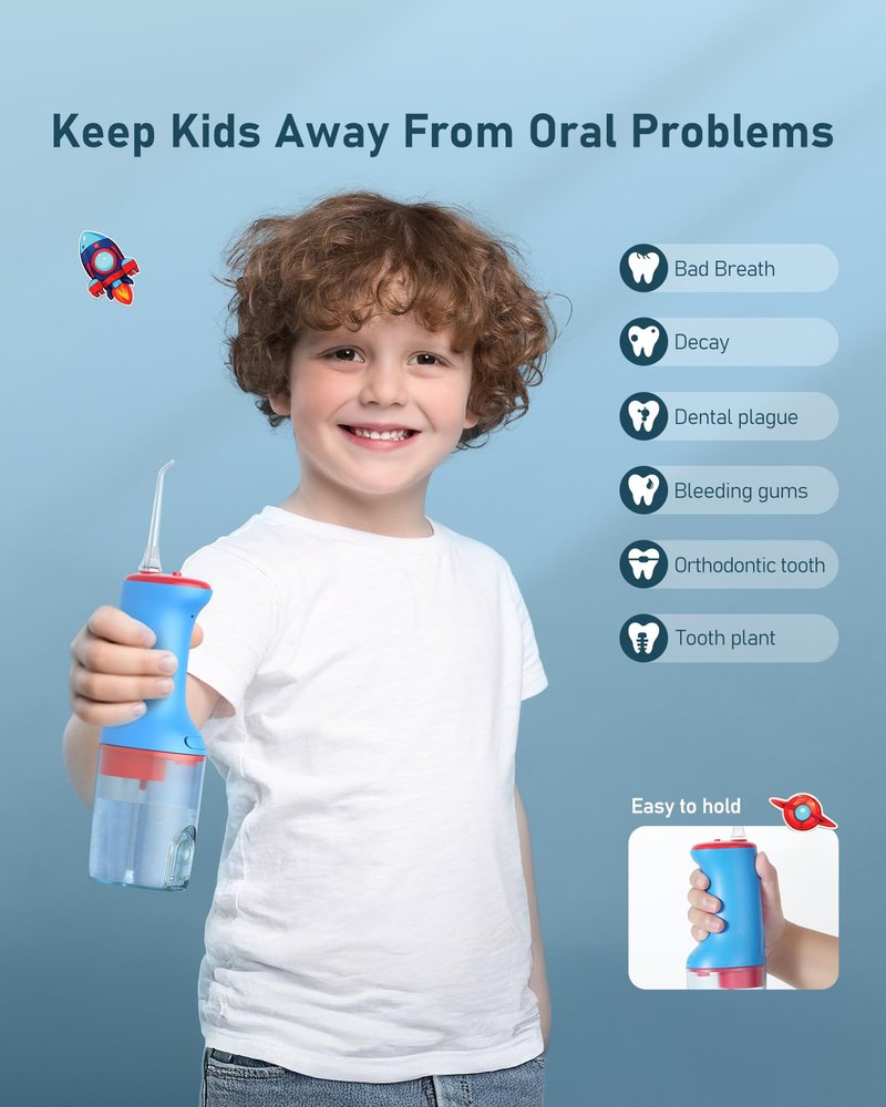 Lillilook Kids Water Flosser Blue, Rechargeable Oral Irrigator for Kids Aged 6+, 4 Modes, 3 Jet Tips, Fun Stickers, Safe and Gentle Oral Care
