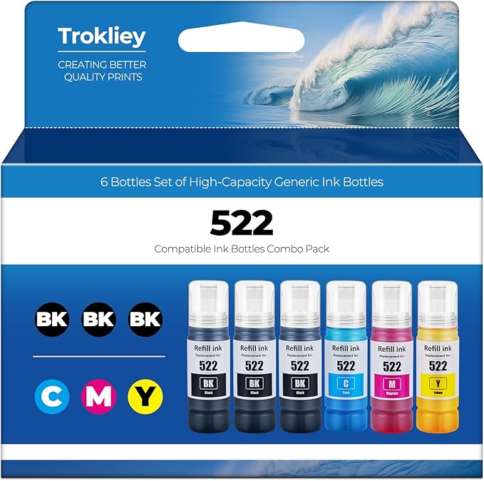 Trokliey 522 Ink Refill Bottles ET-2800 ET-4800 ET-2400 ET-2803 Ink Refill for 522 Black Ink Bottles Compatible for ET-2720 ET-4700 ET-4810 ET-2840 Printer - 6 Pack
