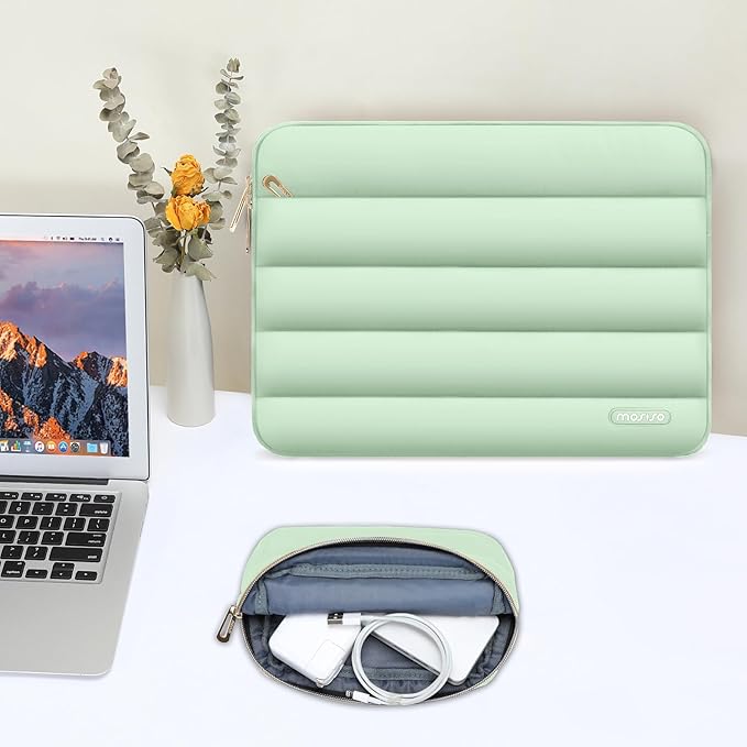 MOSISO Laptop Case 13.3 inch,13-13.3 inch Puffy Laptop Sleeve Compatible with MacBook Neo/Air 13.6 M5 M4 M3 M2 M1/Pro 13/14,HP Dell ASUS Lenovo,Polyester Horizontal Bag with Small Case, Mint Green