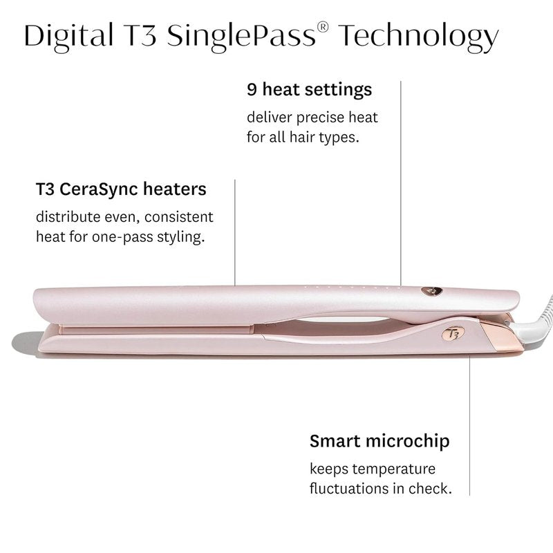 T3 SinglePass Smooth X Flat Iron - Professional Hair Straightener with Extra-Long Ceramic Plates & 9 Heat Settings for All Hair Types
