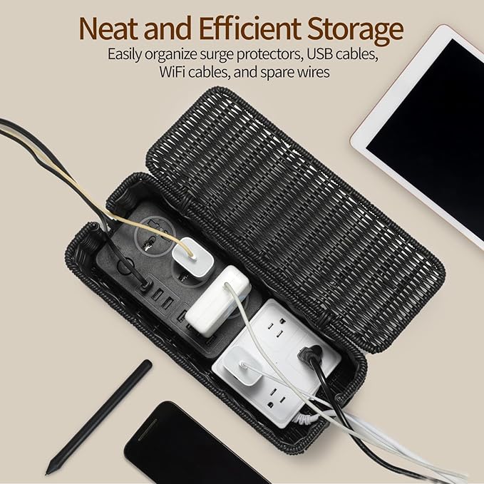 Delamu Handwoven Rattan Small Cable Management Box, Cord Organizer with 2 Open Slots, Desk Cord Hider Box for Computer Router USB Hub Power Strip, 12.5" Lx 5.1" Wx 5.1" H, Black